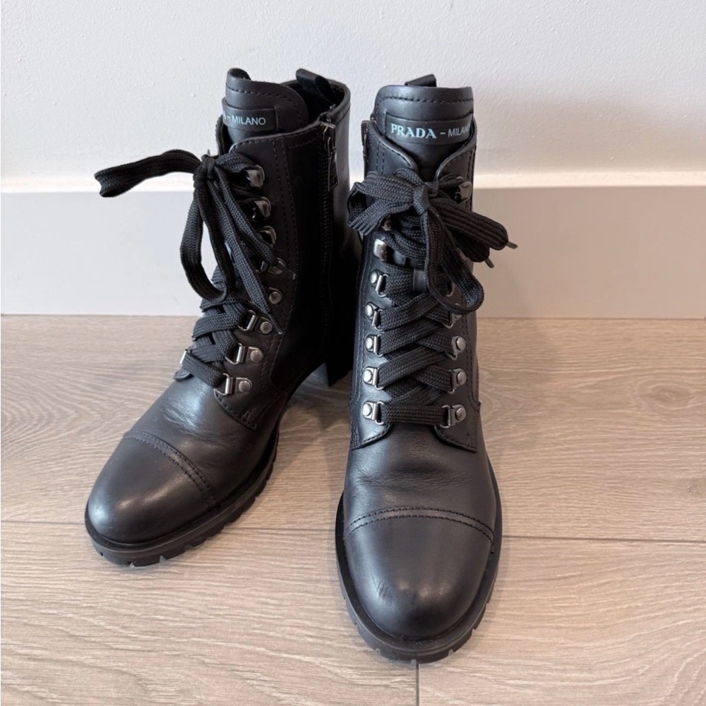 PRADA Women’s Lace Up Black Combat Leather Boots Size 35 / US 5